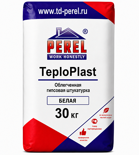 Perel TeploPlast, 30 кг, белая, облегченная гипсовая штукатурка с перлитом Perel TeploPlast, 30 кг, белая, облегченная гипсовая штукатурка с перлитом